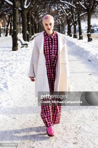 Cajsa Wessberg wearing Baum und Pferdgarten poses for a picture outside of Hotel Diplomat on the first day of Stockholm Fashion Week Autumn/Winter...