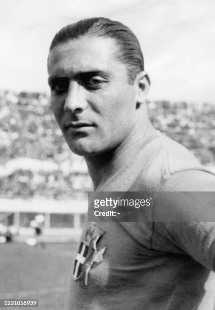 The captain of the Italian football team, Giuseppe Meazza, is pictured during a match in the 1930's.
