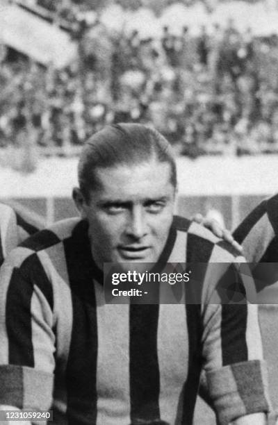 The footballer Giuseppe Meazza is photographed before a match in the 1930's wearing the Inter-Milan jersey.