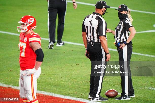 Super Bowl LV: Down judge Sarah Thomas with umpire iFred Bryan during Kansas City Chiefs vs Tampa Bay Buccaneers game at Raymond James Stadium....