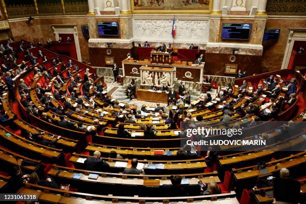 General view shows a session of questions to the Government at the French National Assembly in Paris, on February 9, 2021.