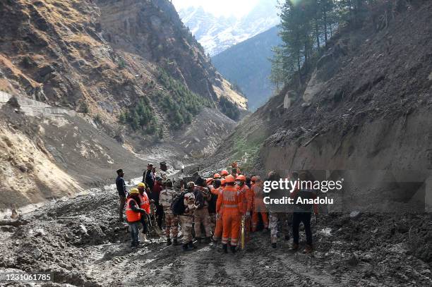 Rescue operations underway at Tapovan Tunnel, after a glacier broke off in Joshimath causing a massive flood in the Dhauli Ganga river, in Chamoli...