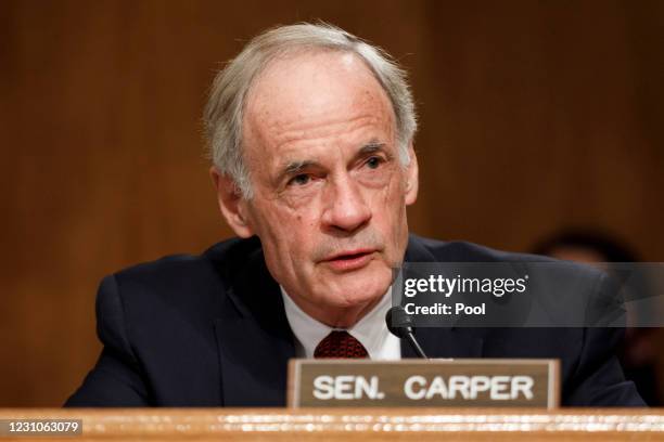 Sen. Tom Carper speaks during a Senate Homeland Security and Governmental Affairs Committee confirmation hearing for Neera Tanden, nominee for...