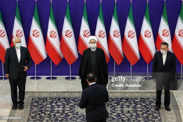 Iranian President Hassan Rouhani , Iranian Foreign Minister Javad Zarif and Head of the Office of the Iranian President Mahmoud Vaezi meet the...