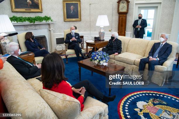 President Joe Biden sits alongside US Vice President Kamala Harris and US Treasury Secretary Janet Yellen as he holds a meeting with business...