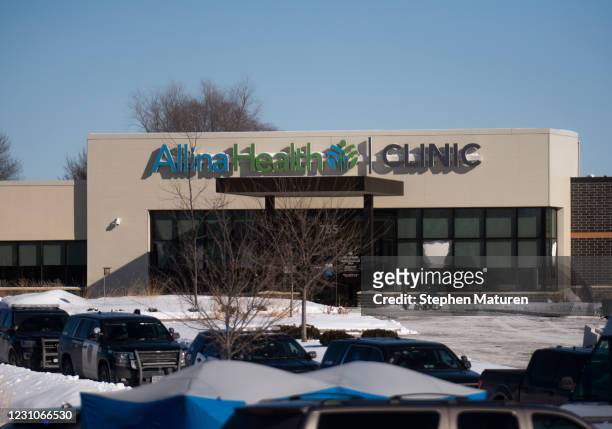 General view of the damaged exterior windows of the Allina Health Clinic where a shooting took place on February 9, 2021 in Buffalo, Minnesota. Five...
