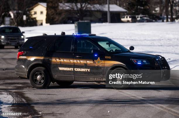 Wright County Sheriff's vehicle blocks the road outside the Allina Health Clinic where a shooting took place on February 9, 2021 in Buffalo,...
