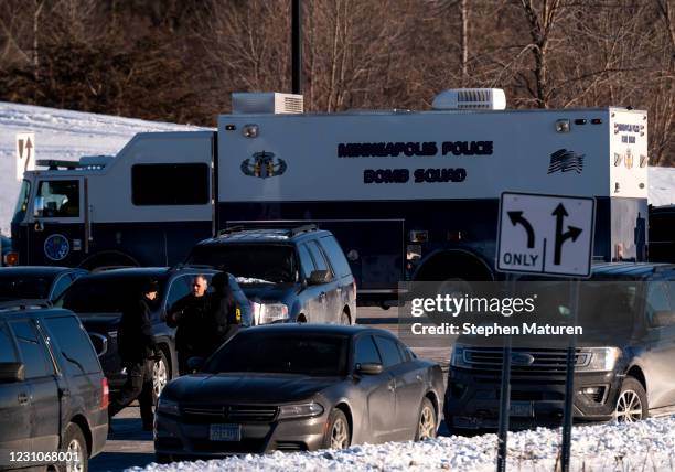Minneapolis Police Bomb Squad vehicle is seen outside the Allina Health Clinic where a shooting took place earlier today on February 9, 2021 in...