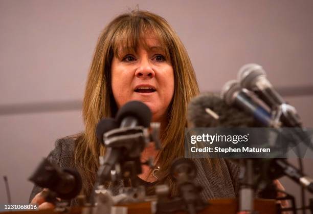 Buffalo Mayor Teri Lachermeier speaks during a press conference about a shooting that took place at the local Allina Health Clinic on February 9,...