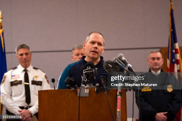 Buffalo Chief of Police Pat Budke speaks during a press conference about a shooting that took place at the local Allina Health Clinic on February 9,...