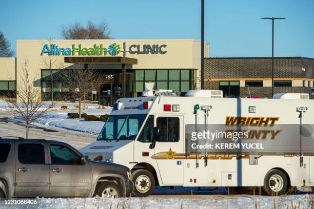 Wright County Sheriff vehicle is seen parked outside the Allina Health Clinic in Buffalo, Minnesota, after a shooting there left at least five...