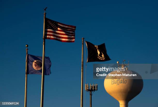 View of a water tower near an Allina Health Clinic where a shooting took place on February 9, 2021 in Buffalo, Minnesota. Five victims were...