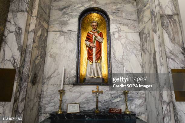 View of the chapel with the statue and relics of patron saint of love, St. Valentine, inside Whitefriar Church in Dublin. On St. Valentine's Day,...