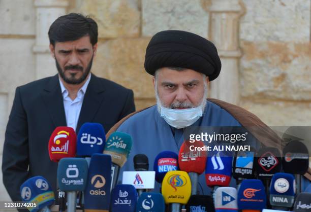 Iraqi cleric Moqtada Sadr delivers a statement in which he backed early elections overseen by the United Nations, in an extremely rare press...