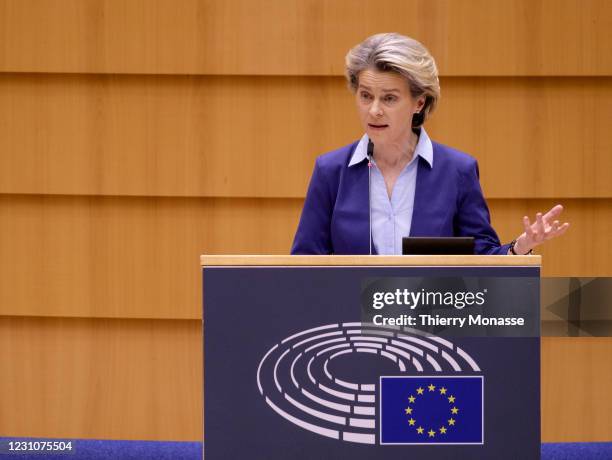 President of the European Commission Ursula von der Leyen delivers a speech during a session of the European Parliament on February 10, 2021 in...