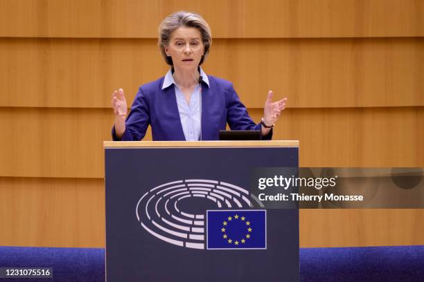 President of the European Commission Ursula von der Leyen delivers a speech during a session of the European Parliament on February 10, 2021 in...