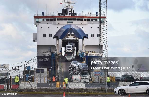 Port inspection staff are seen watching freight exiting the Cairnryan to Larne ferry on February 10, 2021 in Larne, Northern Ireland. Port inspection...