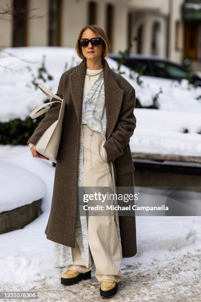 Paulina Vinter in Hope Stockholm and ATP Atelier poses for a picture outside of Hotel Diplomat on the second day of Stockholm Fashion Week...