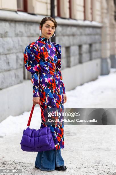 Emma Fridsell in Stand Studio poses for a picture outside of Hotel Diplomat on the second day of Stockholm Fashion Week Autumn/Winter 2021 on...