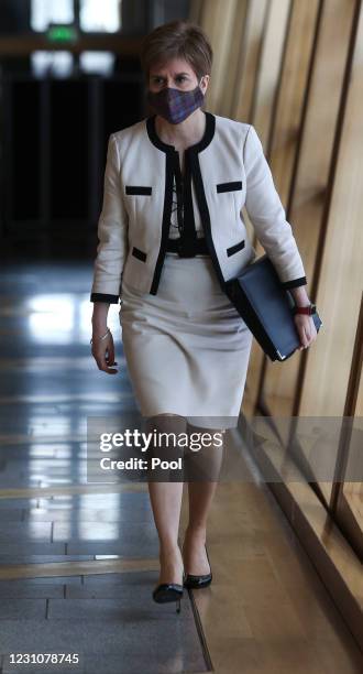 First Minister Nicola Sturgeon arrives for First Minister's Questions at the Scottish Parliament Holyrood Edinburgh on February 10, 2021 in...