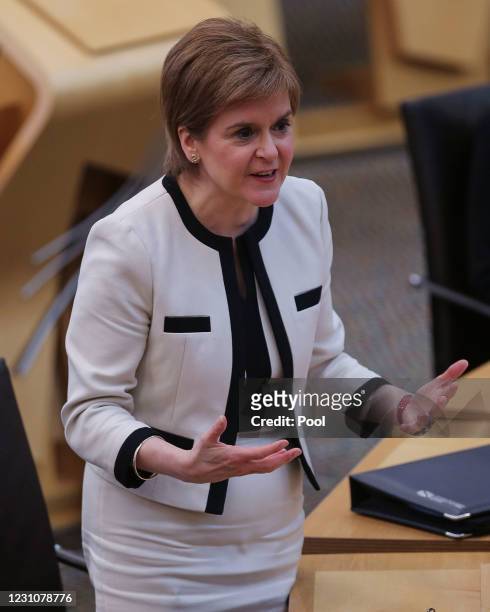First Minister Nicola Sturgeon attends First Minister's Questions at the Scottish Parliament Holyrood Edinburgh on February 10, 2021 in Edinburgh,...