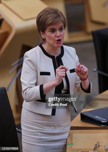 First Minister Nicola Sturgeon speaks during First Minister's Questions at the Scottish Parliament Holyrood Edinburgh on February 10, 2021 in...