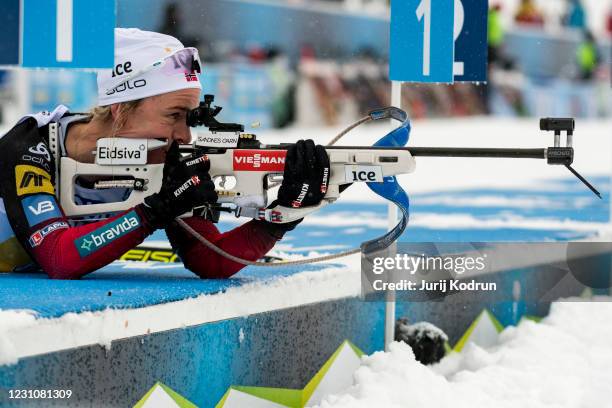 Tiril Eckhoff of Norway competes during the 4x7.5 Mixed Relay at the IBU World Championships Biathlon Pokljuka at on February 10, 2021 in Pokljuka,...