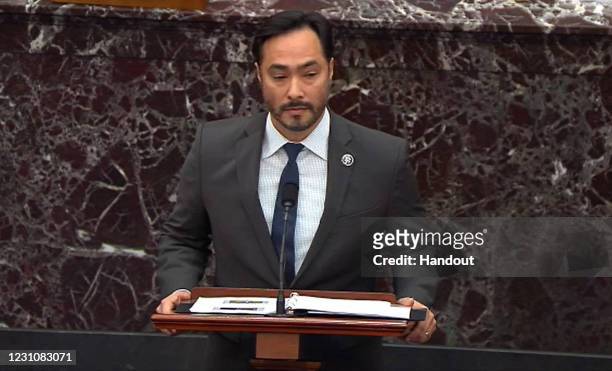 In this screenshot taken from a congress.gov webcast, Impeachment Manager Rep. Joaquin Castro speaks on the second day of former President Donald...