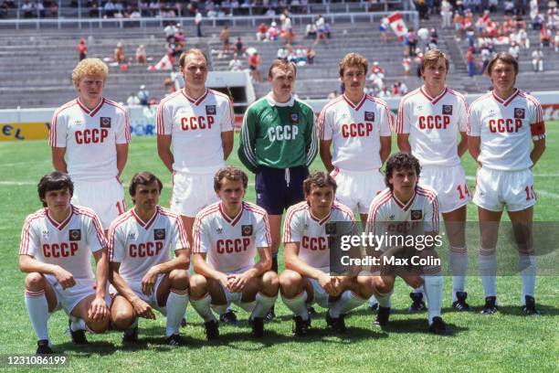 Team Soviet Union line up during the FIFA World Cup match between Soviet Union and Canada, at Estadio Sergio Leon Chavez, Irapuato, Mexico on 9 June...