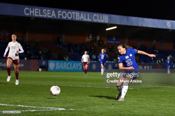 Fran Kirby of Chelsea scores their 3rd goal during the Barclays FA Women's Super League match between Chelsea Women and Arsenal Women at Kingsmeadow...