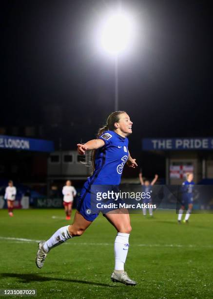 Fran Kirby of Chelsea celebrates scoring their 3rd goal during the Barclays FA Women's Super League match between Chelsea Women and Arsenal Women at...