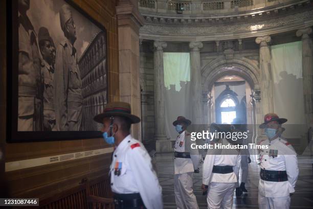 Members of Indian Military Band attend a multimedia exhibition to celebrate the 125th birth anniversary of Netaji Subhas Chandra Bose where historic...