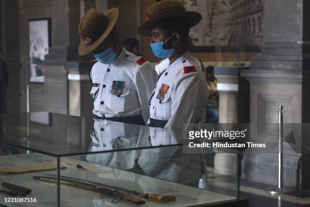 Members of Indian Military Band attend a multimedia exhibition to celebrate the 125th birth anniversary of Netaji Subhas Chandra Bose where historic...