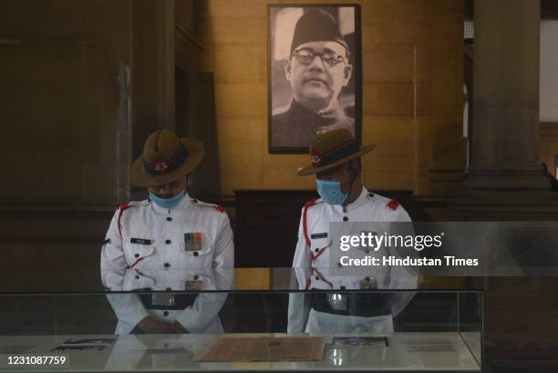 Members of Indian Military Band attend a multimedia exhibition to celebrate the 125th birth anniversary of Netaji Subhas Chandra Bose where historic...