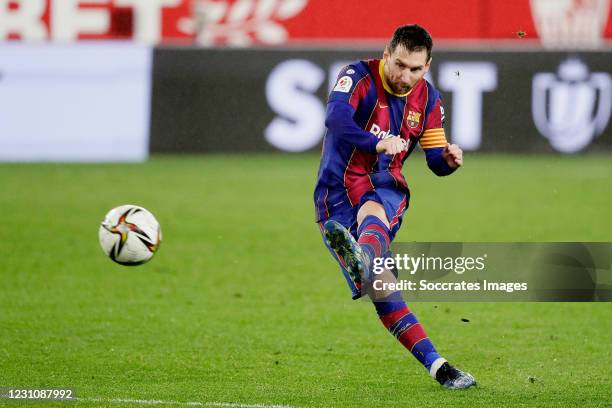 Lionel Messi of FC Barcelona during the Spanish Copa del Rey match between Sevilla v FC Barcelona at the Estadio Ramon Sanchez Pizjuan on February...