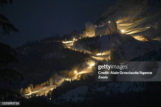 General view by night during the FIS Alpine Ski World Championships Women's Super Giant Slalom on February 11, 2021 in Cortina d'Ampezzo Italy.