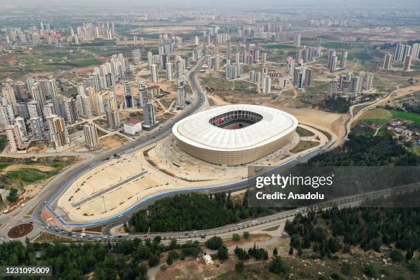 Drone photo shows a view of Yeni Adana Stadium on February 10, 2021 in Adana, Turkey. Yeni Adana Stadium, with a capacity of 33,000 people, is...