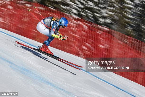 American Mikaela Shiffrin competes in the Women's Super G event on February 11, 2021 during the FIS Alpine World Ski Championships in Cortina...