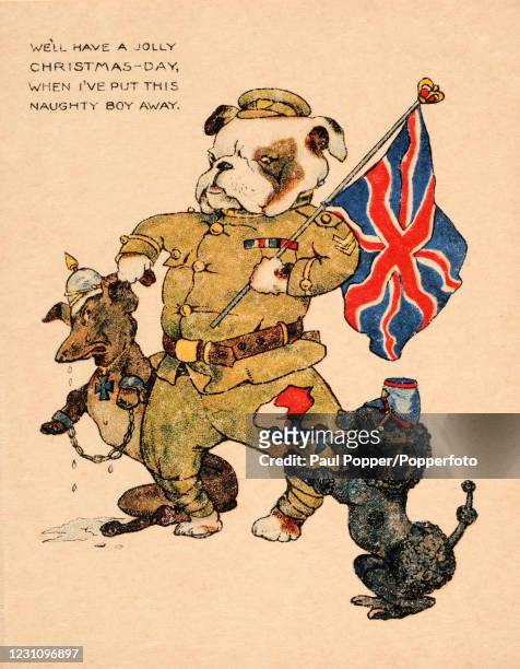 Vintage patriotic postcard illustration bringing Christmas greetings and featuring a British bulldog with a French poodle bringing to heel a German...