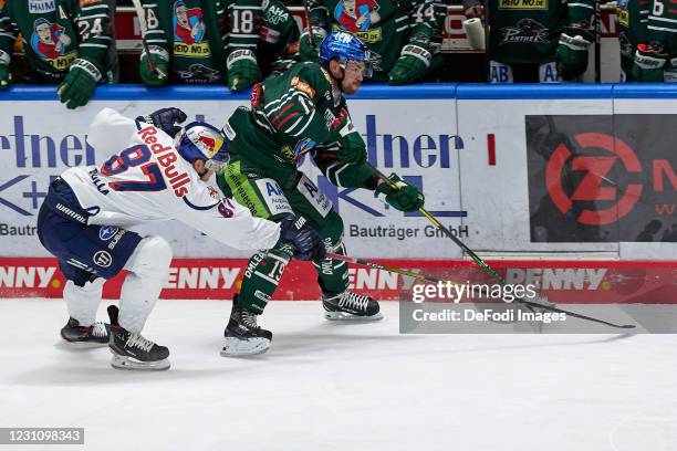 Philip Gogulla of EHC Red Bull Muenchen and Drew Le Blanc of Augsburger Panther battle for the puck during the DEL match between Augsburger Panther...
