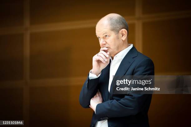 Chancellor candidate of the German Social Democrats Olaf Scholz, is pictured during a virtual, two-day meeting of the party leadership on February...