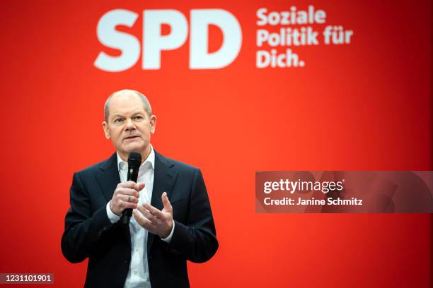 Chancellor candidate of the German Social Democrats Olaf Scholz, gives a speech during a virtual, two-day meeting of the party leadership on February...