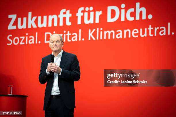 Chancellor candidate of the German Social Democrats Olaf Scholz, gives a speech during a virtual, two-day meeting of the party leadership on February...