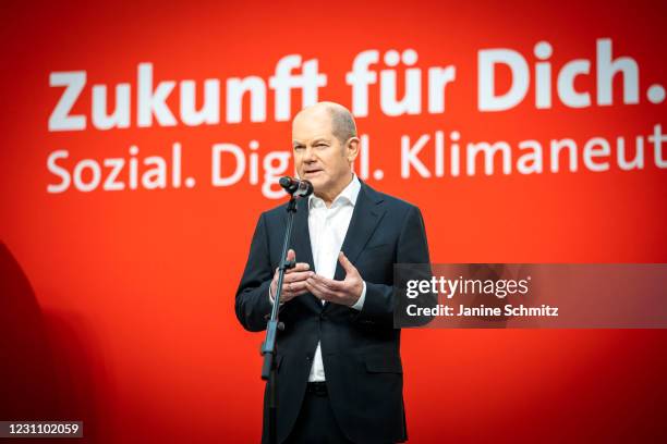 Chancellor candidate of the German Social Democrats Olaf Scholz, gives a speech during a virtual, two-day meeting of the party leadership on February...