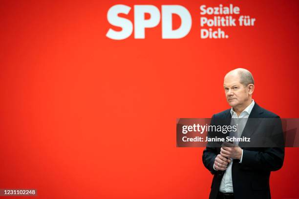 Chancellor candidate of the German Social Democrats Olaf Scholz, gives a speech during a virtual, two-day meeting of the party leadership on February...