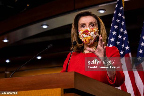 Speaker of the House Nancy Pelosi speaks during her weekly press conference at the US Capitol on February 11, 2021 in Washington, DC. House...