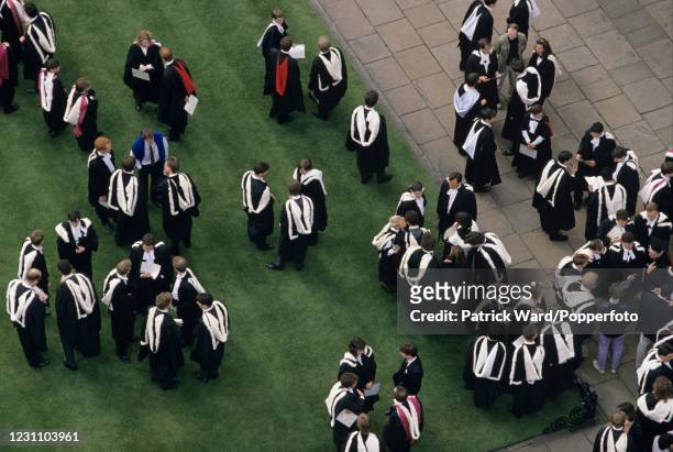 An overhead view of Cambridge University undergraduates waiting to enter the Senate House on Degree Day, 12th June 1993. This image is from a series...