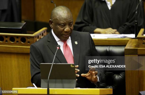 South African President Cyril Ramaphosa delivers his fifth State of the Nation address in front of a nearly empty Parliament in strict adherence to...