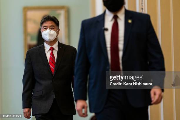House Impeachment Manager Rep. Ted Lieu walks on the Senate Side of the U.S. Capitol Building on Thursday, Feb. 11, 2021 in Washington, DC. The third...