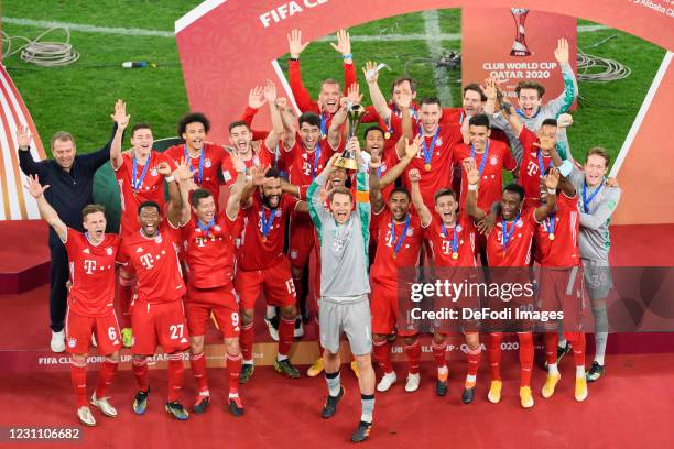 Manuel Neuer of FC Bayern Muenchen lifts the FIFA Club World Cup Qatar 2020 trophy after the finale FIFA Club World Cup Qatar 2020 match between FC...